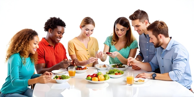 Uśmiechnięci ludzie jedzący przy stole